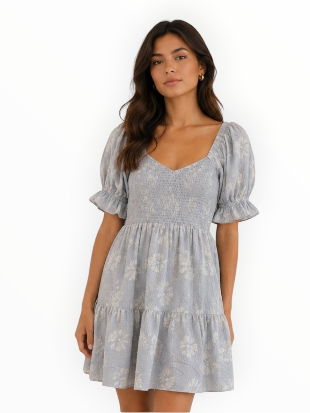 MADEWELL Silk Lucie Smocked
Mini Dress Moody Blooms Light Blue Floral M Boho